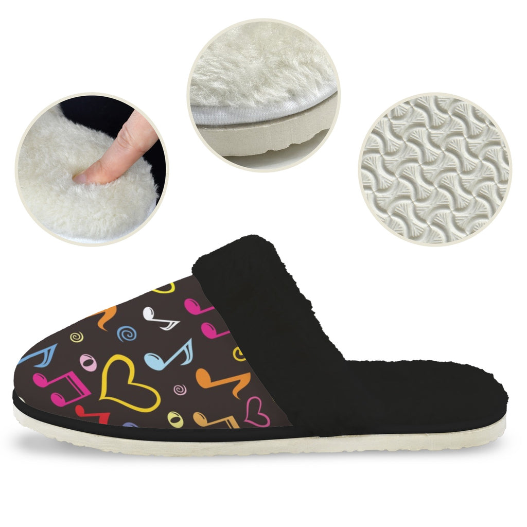 Music Love Women's Fur Trim Thick-Sole Indoor Slippers Women's Fur Trimmed Slippers Music Printed Offshore