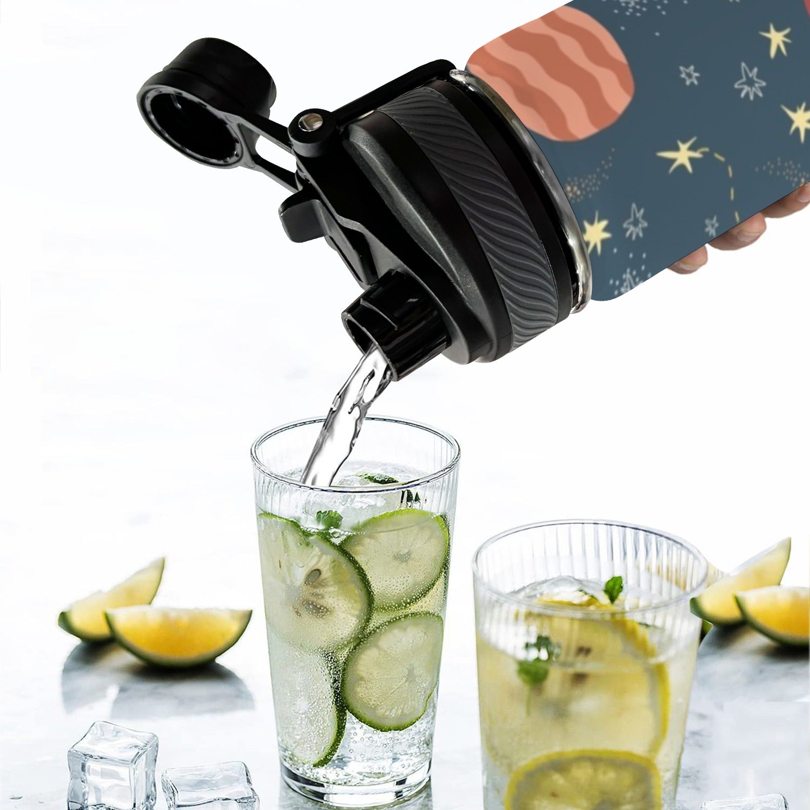 Rocket and Planets In Space - Insulated Water Bottle with Dual-Use Lid (18oz) Insulated Water Bottle with Dual-Use Lid (18oz) Printed Offshore Space