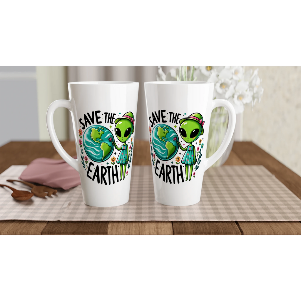 Personalised - Save The Earth, Alien - White Latte 17oz Ceramic Mug Personalised Latte Mug customise Environment Globally Fulfilled personalise Sci Fi