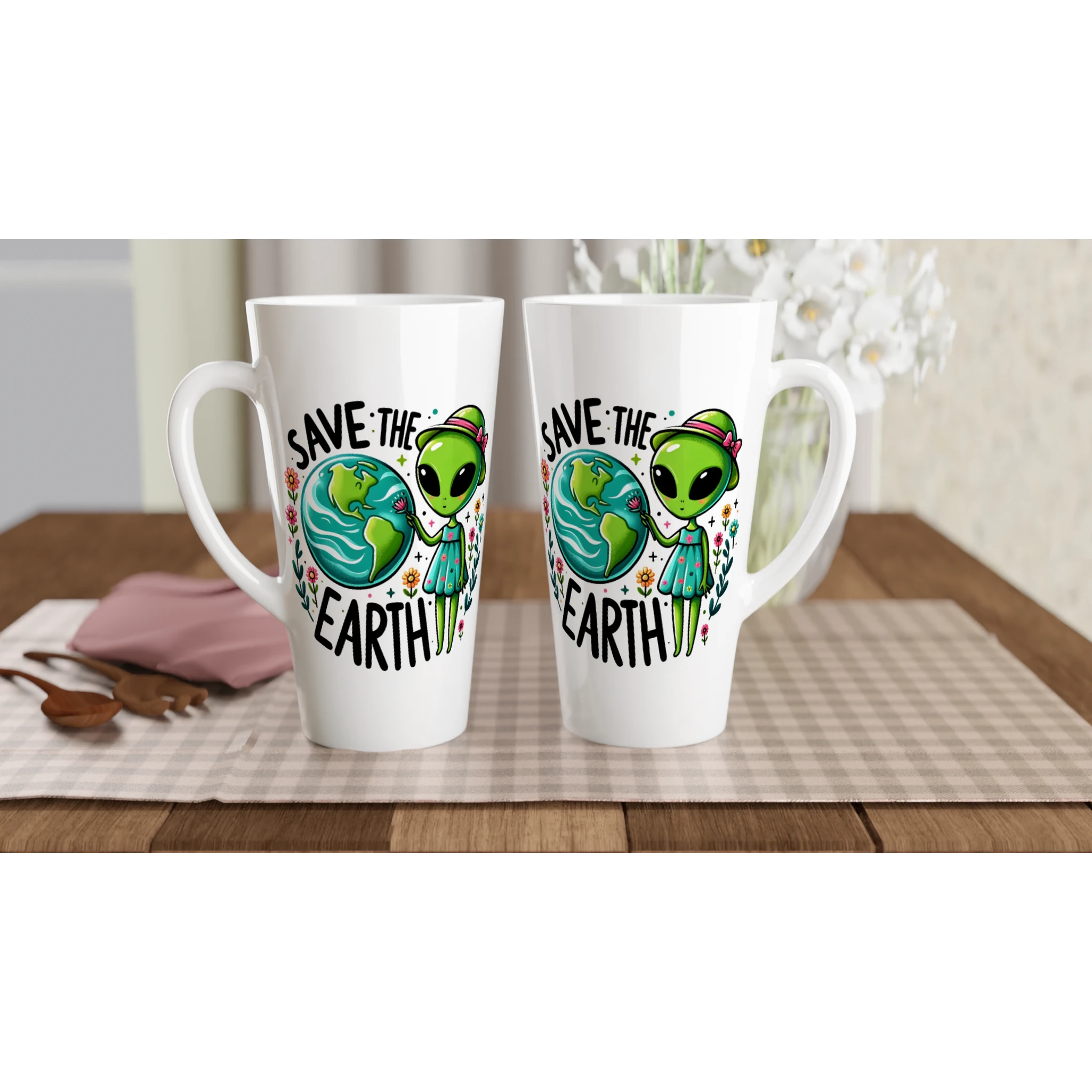 Personalised - Save The Earth, Alien - White Latte 17oz Ceramic Mug Personalised Latte Mug customise Environment Globally Fulfilled personalise Sci Fi