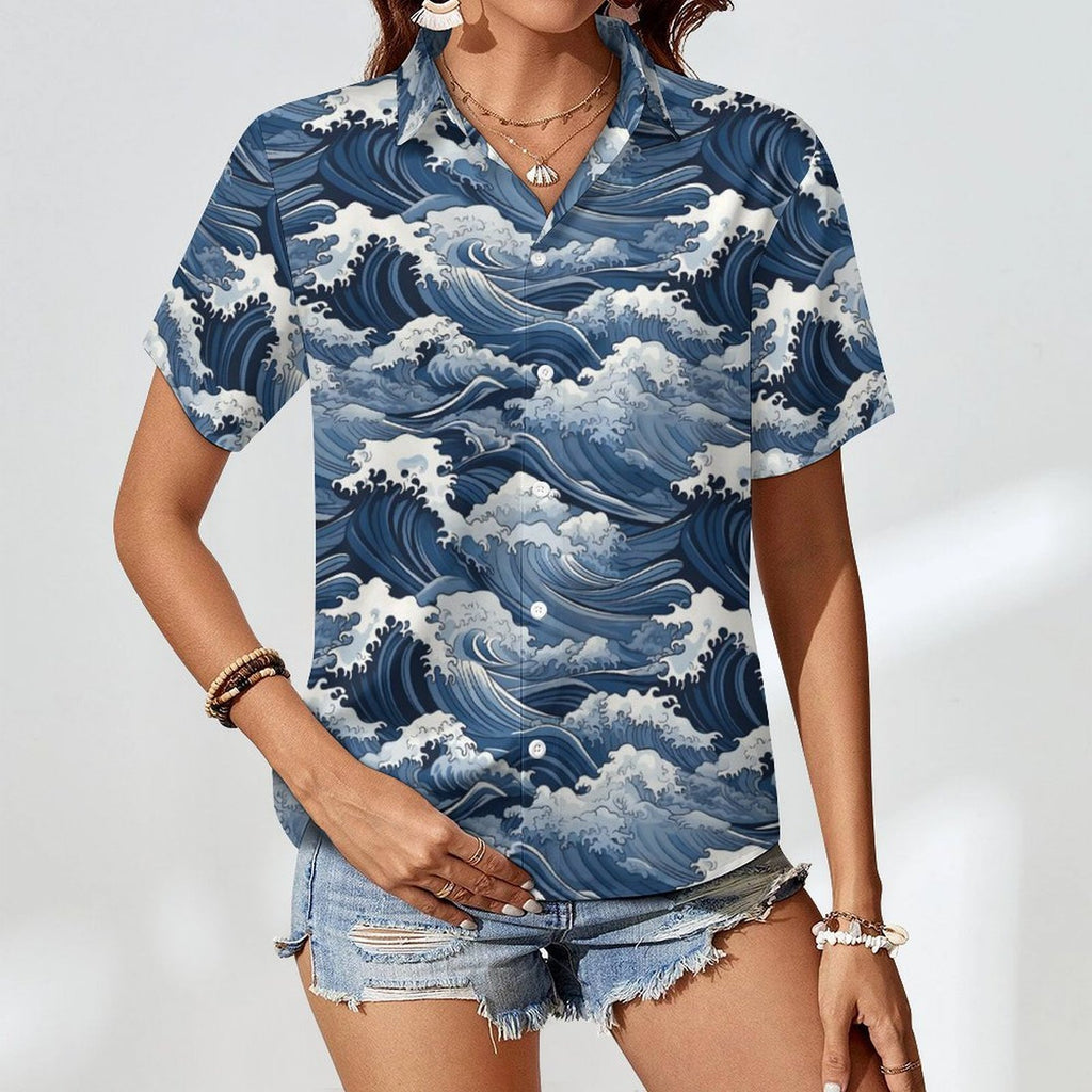 Japanese Waves Women's Collared Pocketless Short Sleeve Shirt