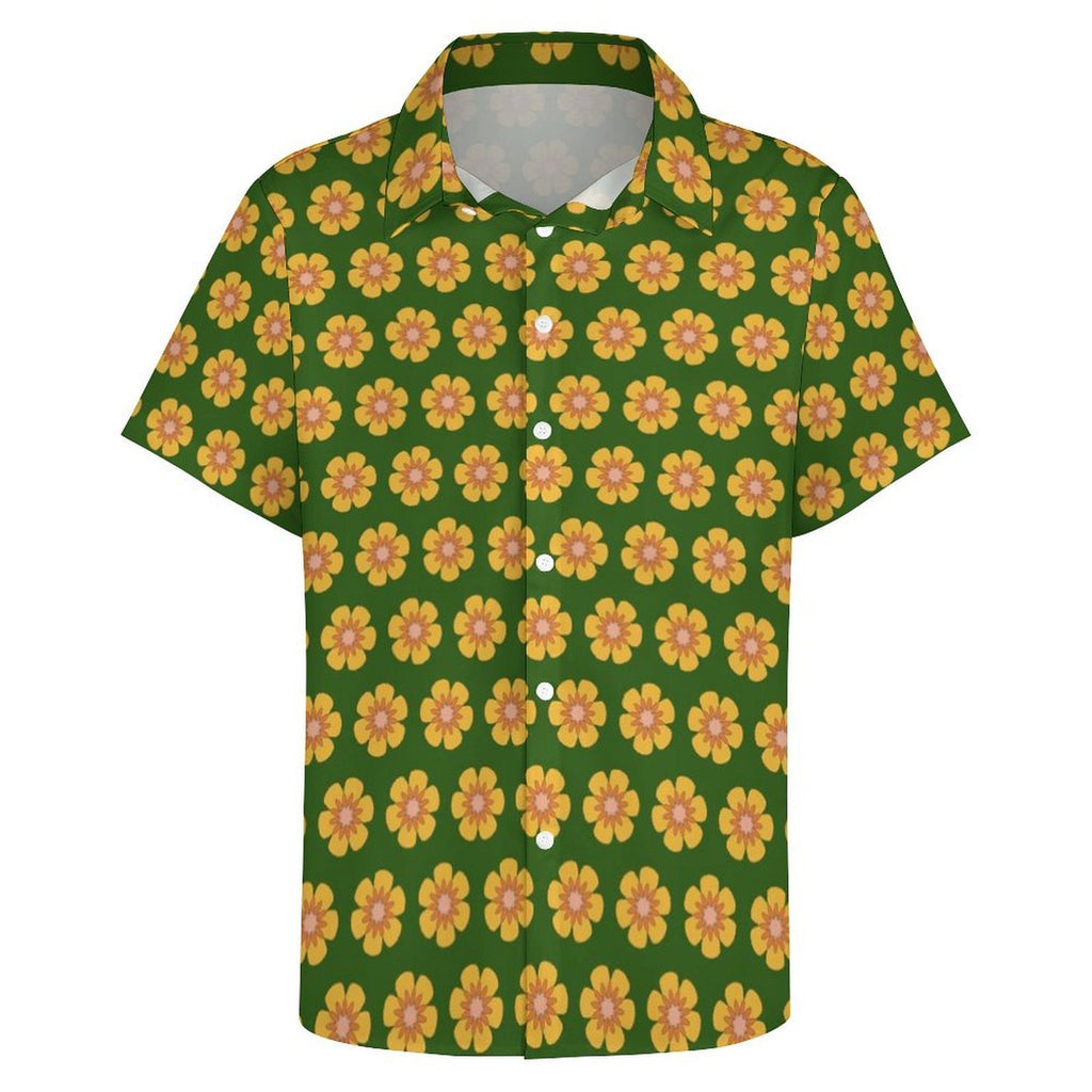Yellow Flowers On Green Women's Collared Pocketless Short Sleeve Shirt