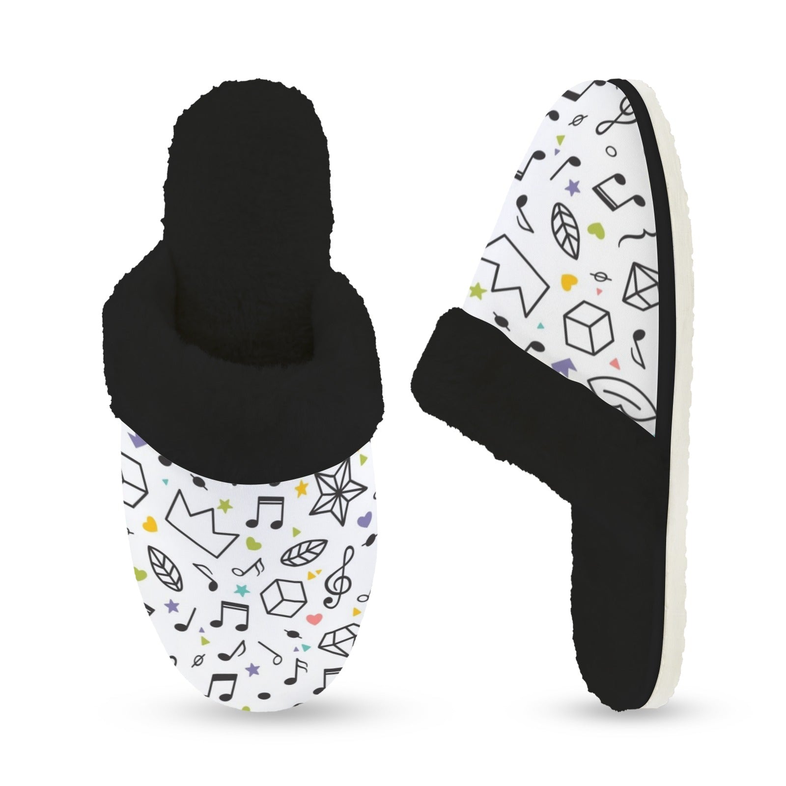 Music Time Women's Fur Trim Thick-Sole Indoor Slippers Women's Fur Trimmed Slippers Music Printed Offshore