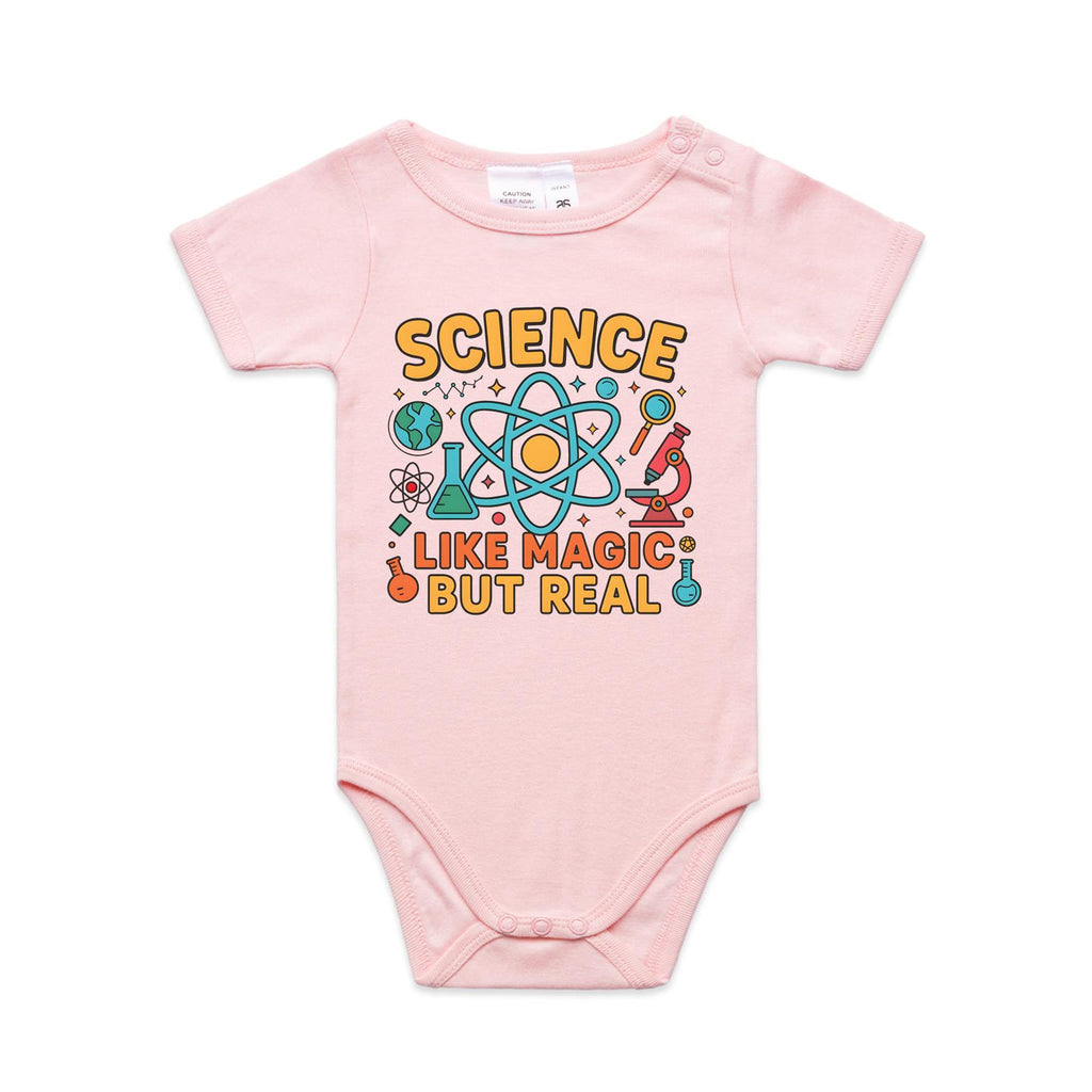 Science, Like Magic But Real AS Colour Baby Bodysuit Pink Baby Bodysuit Printed In Australia Science