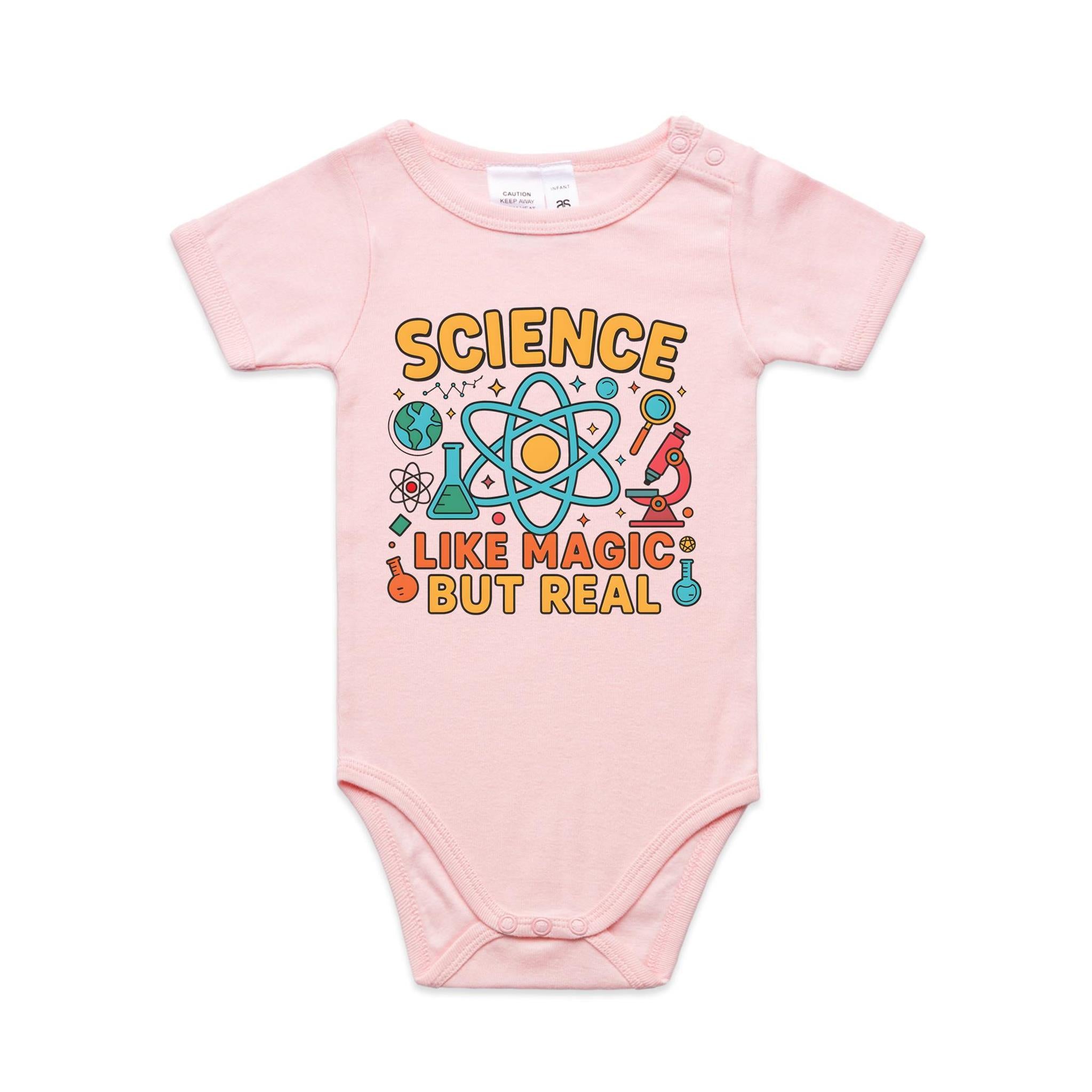 Science, Like Magic But Real AS Colour Baby Bodysuit Pink Baby Bodysuit Printed In Australia Science