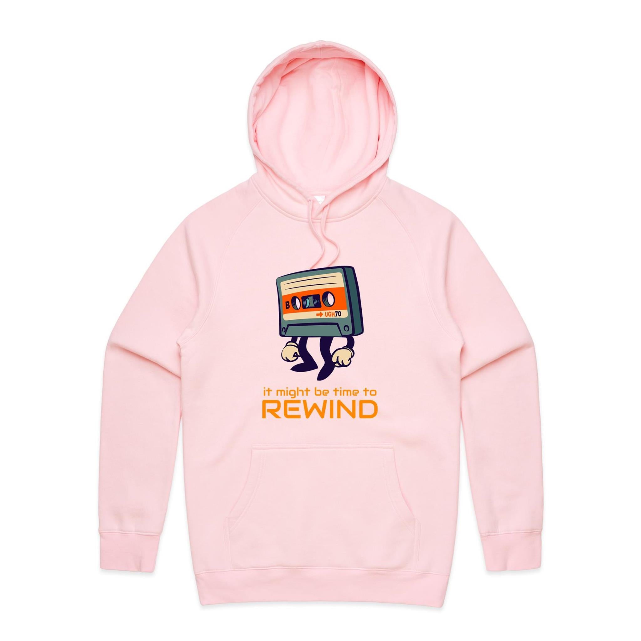 Cassette Tape, It Might Be Time To Rewind - Mens Hoodie Pink Mens Hoodie Music Printed In Australia Retro