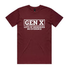 Gen X, Lots Of Memories, No Evidence Men's AS Colour T-shirt Burgundy Mens T-shirt Printed In Australia