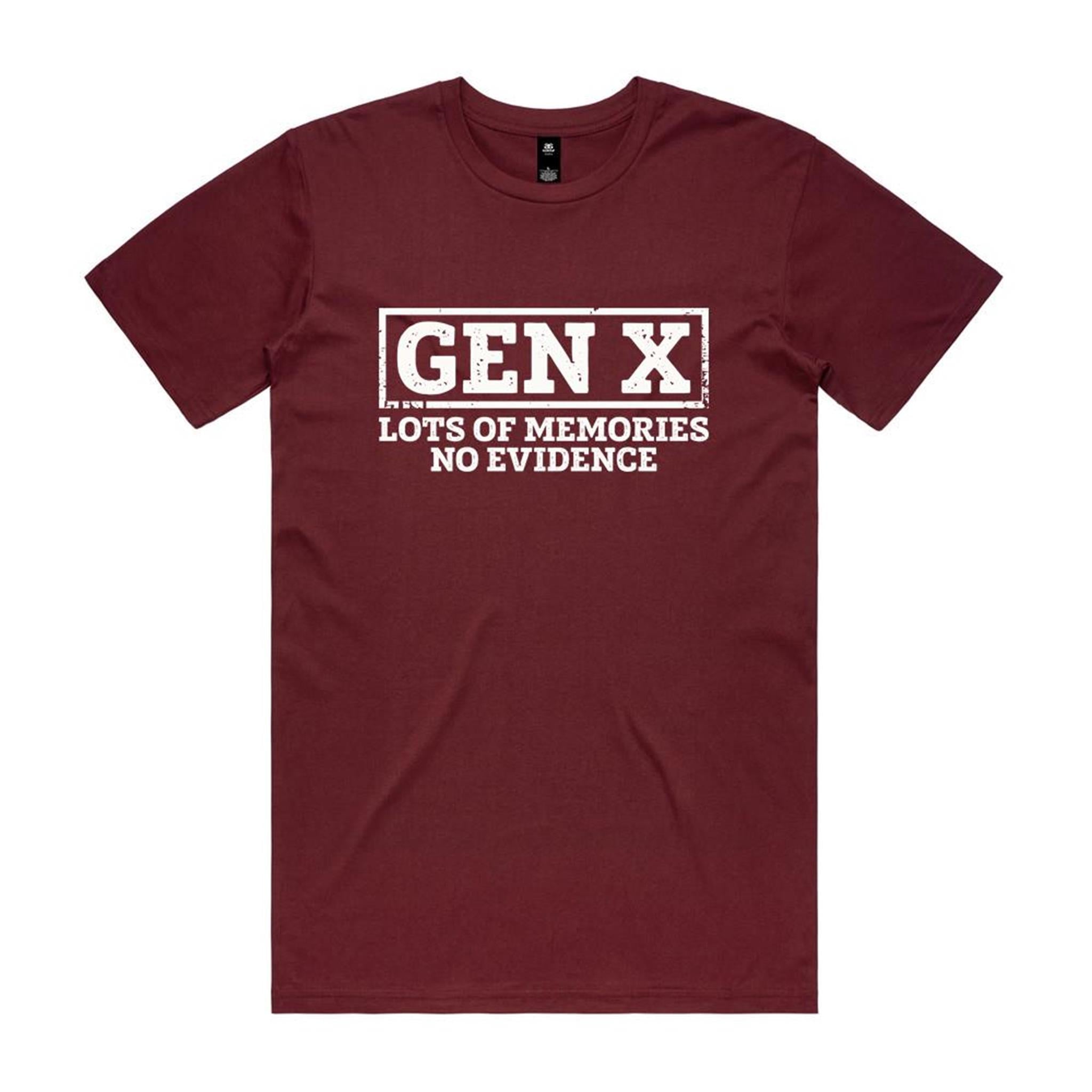 Gen X, Lots Of Memories, No Evidence - Men's AS Colour T-shirt Burgundy Mens T-shirt Printed In Australia