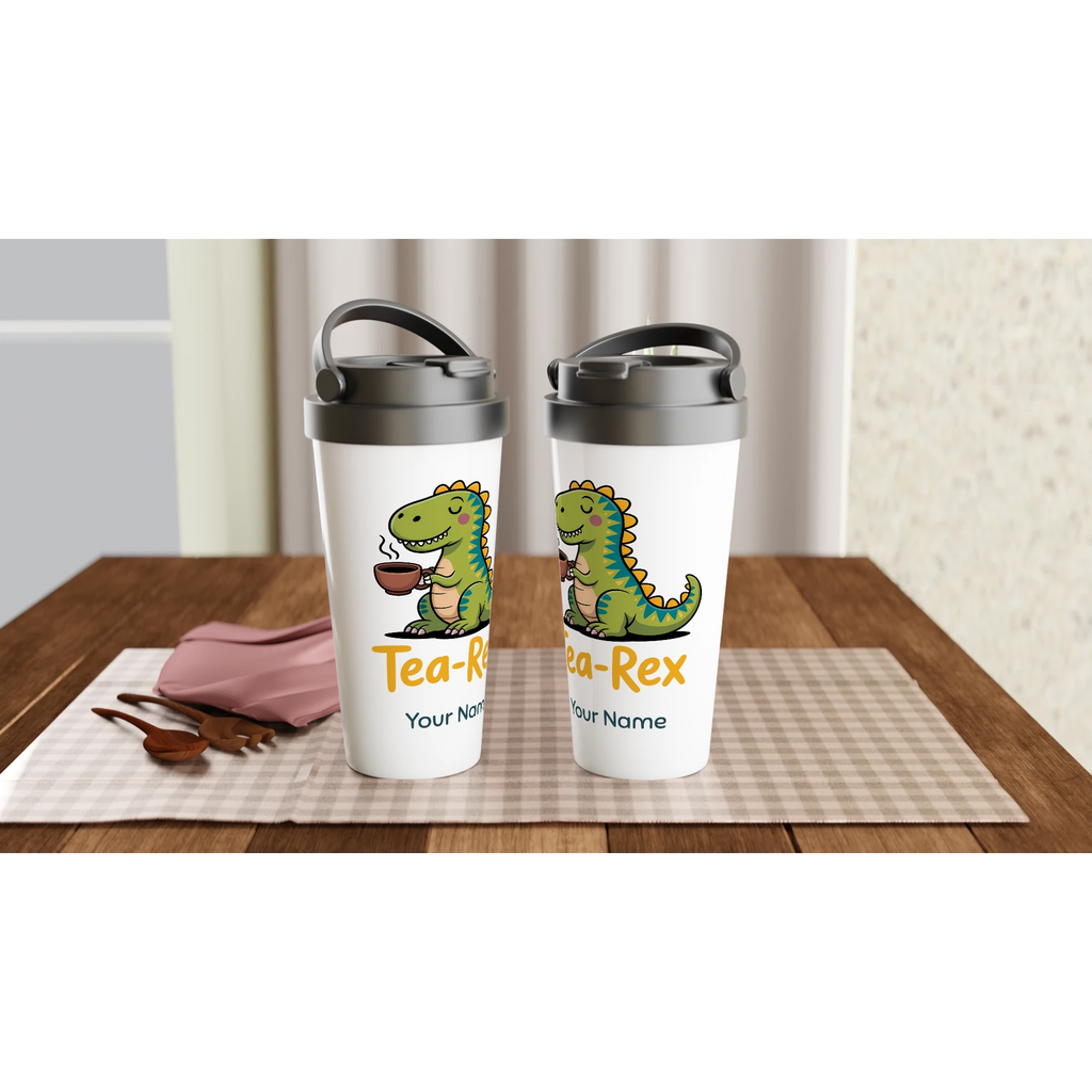 Personalised Tea-Rex, Tea Drinking Dinosaur White 15oz Stainless Steel Travel Mug Personalised Travel Mug Globally Fulfilled Tea