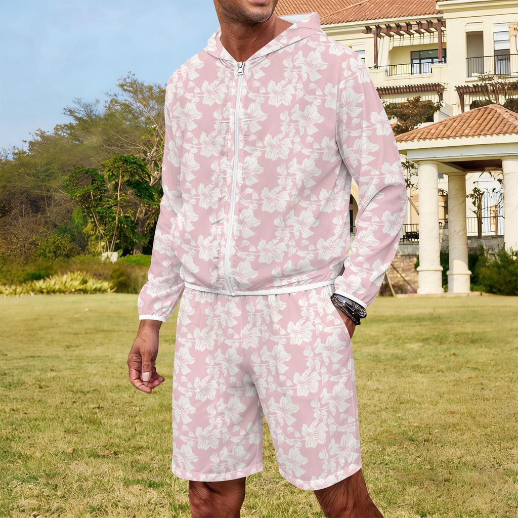 Pink Hawaiian Floral Men's Lightweight Sun Hoodie & Shorts Set Men's Lightweight Sun Hoodie & Shorts Plants Printed Offshore