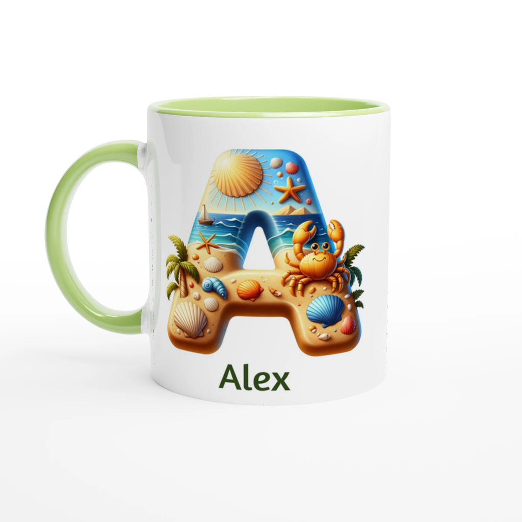 Personalised - Summer Beach Initials - White 11oz Ceramic Mug with Colour Inside Ceramic Green Personalised 11oz Mug Customise Globally Fulfilled Personalise