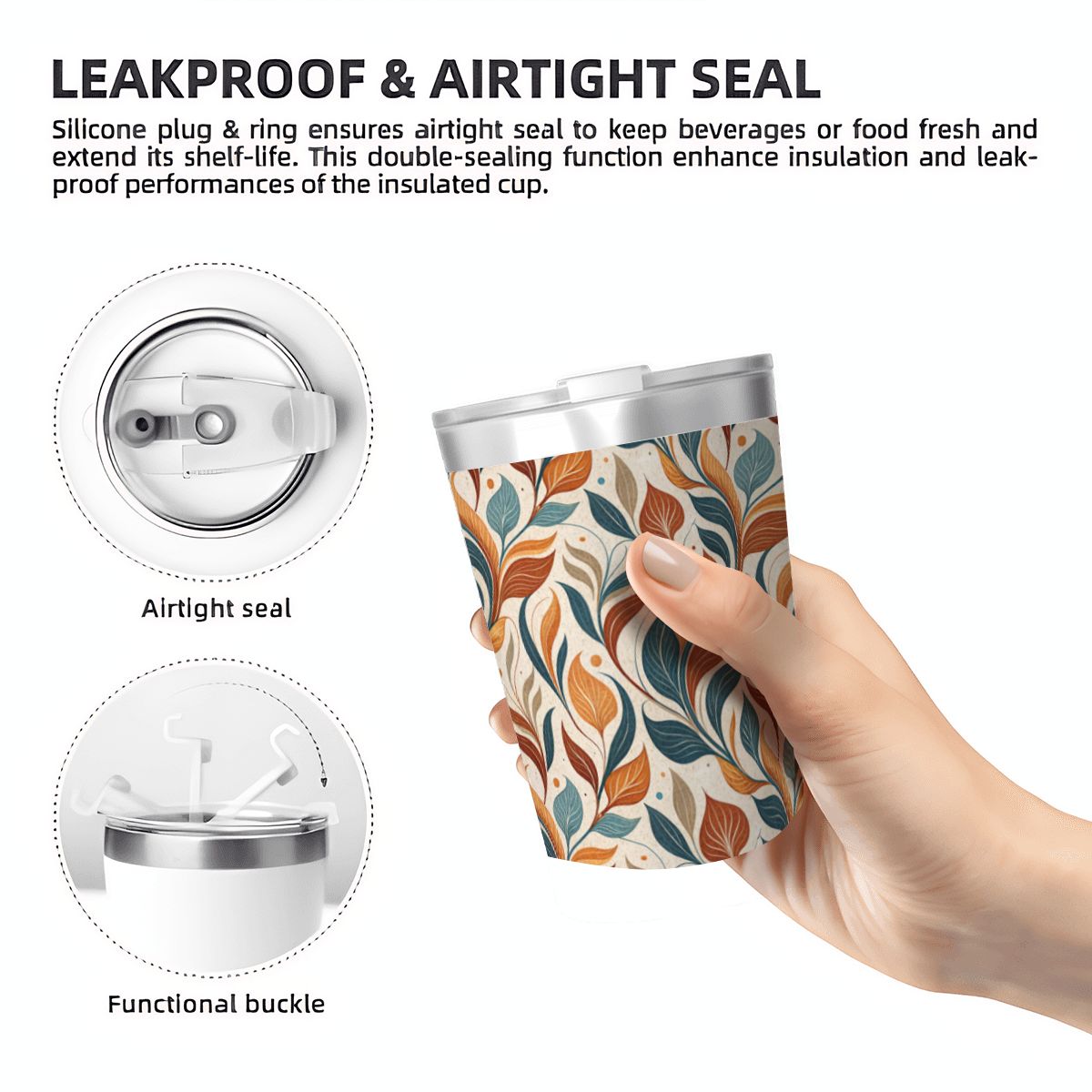 Whimsical Leaf Swirl Small Stainless Steel Travel Mug Cup 12oz/350ml