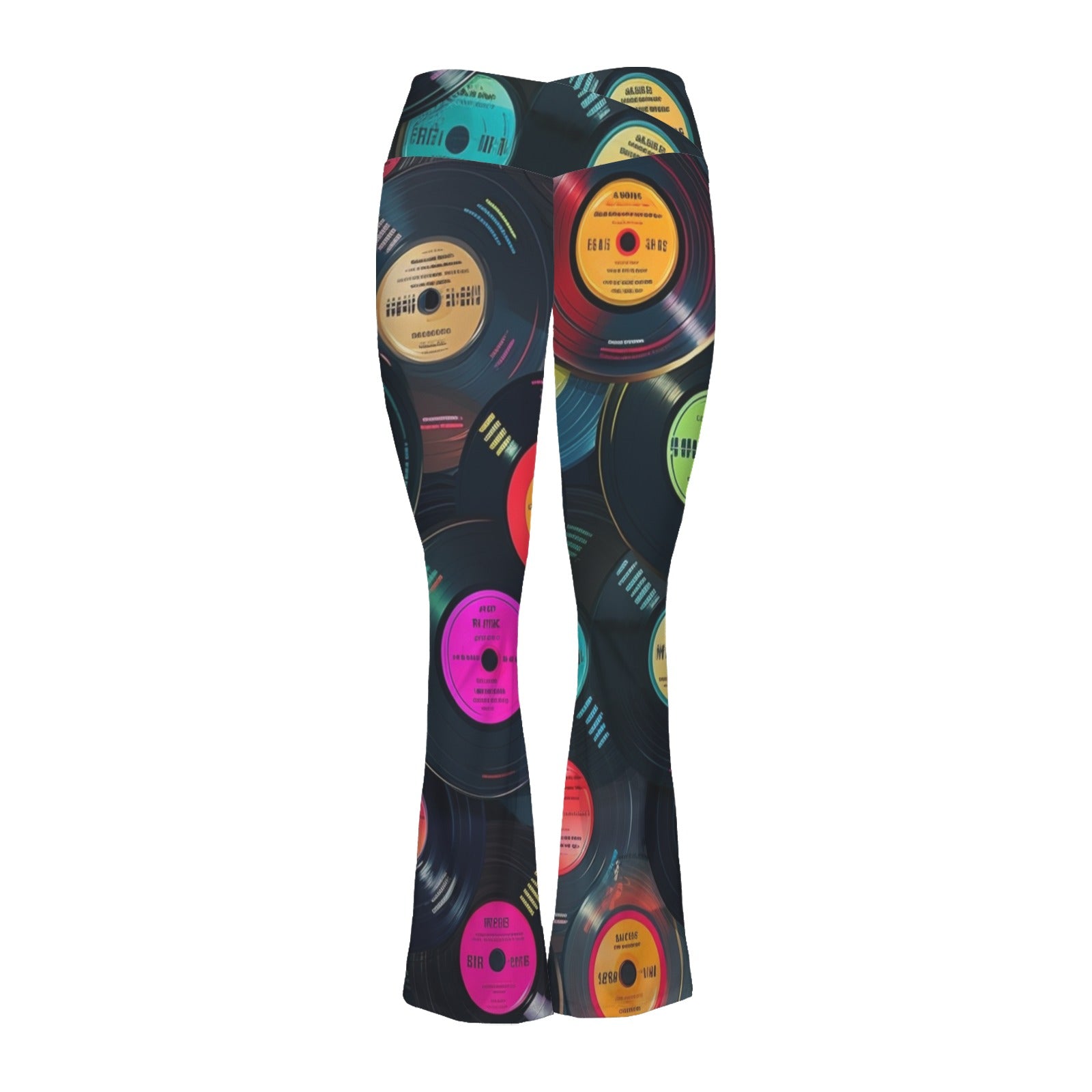 Retro Vinyl Records High Waist Crossover Tummy Control Flare Leggings High Waist Flare Leggings Music Printed Offshore