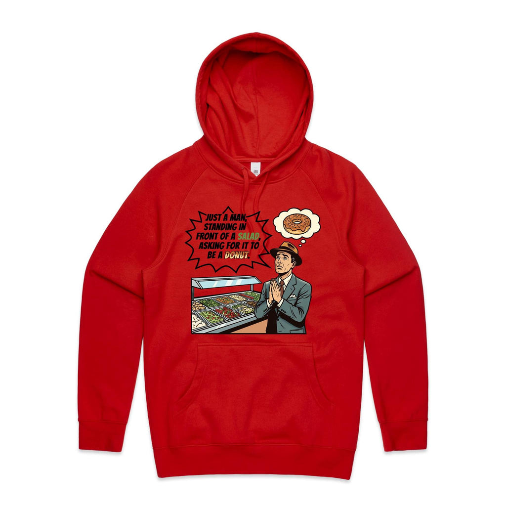 Just A Man Standing In Front Of A Salad Men's AS Colour Hoodie Red Mens Hoodie Food Printed In Australia