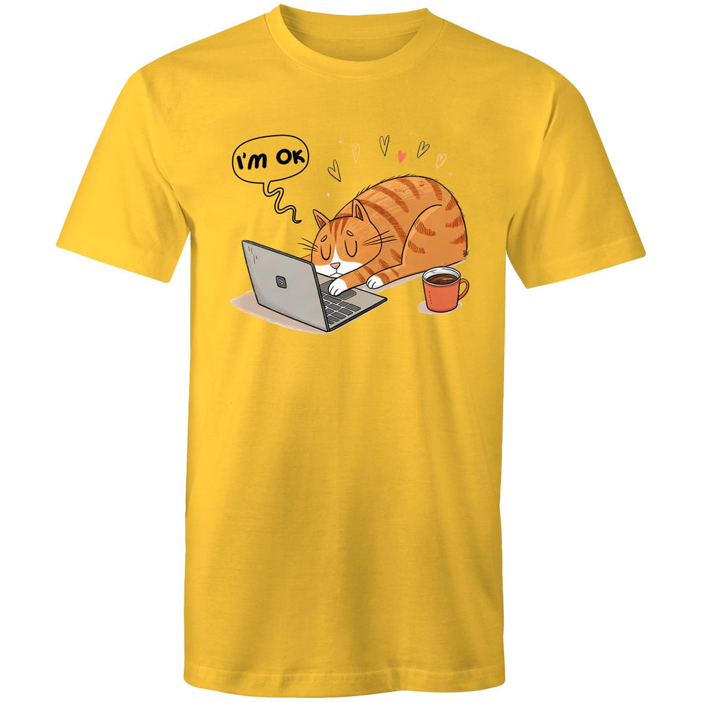 Cat Laptop, I'm OK - Mens T-Shirt Yellow Mens T-shirt animal Printed In Australia
