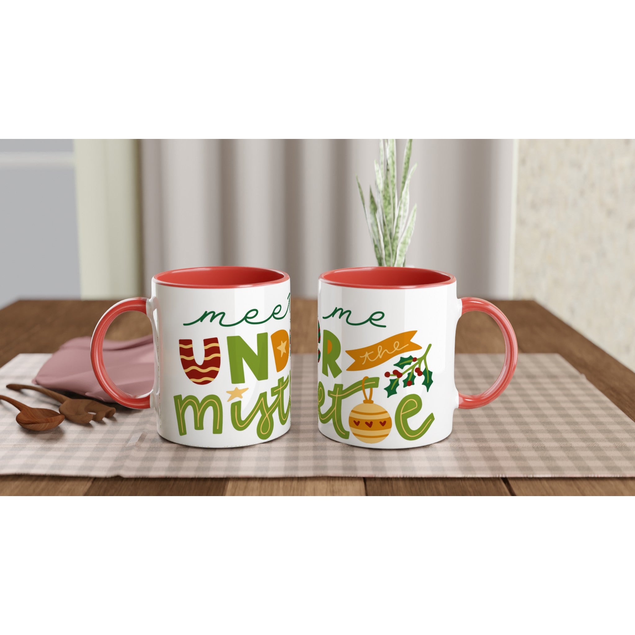 Meet Me Under The Mistletoe - White 11oz Ceramic Mug with Colour Inside Ceramic Red Christmas Colour Mug Christmas Globally Fulfilled