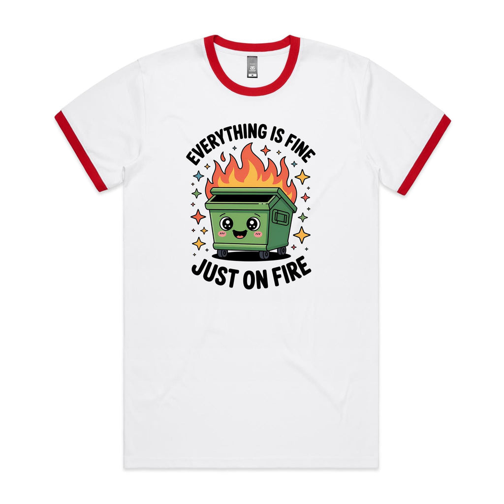 Skip Bin, Dumpster Fire Men's AS Colour Ringer Tee White Red Ringer T-Shirt Printed In Australia