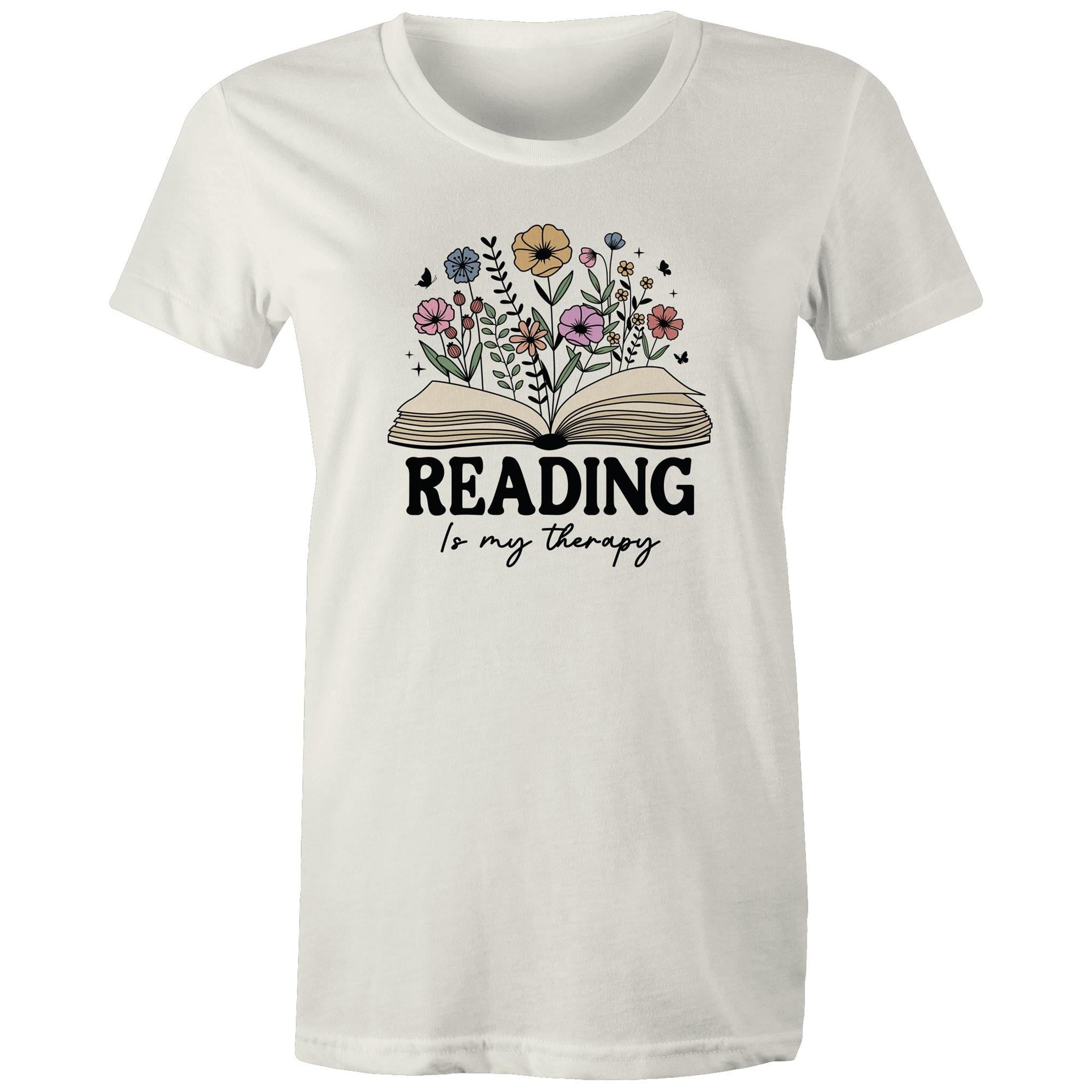 Reading Is My Therapy - Womens T-shirt Natural Womens T-shirt Printed In Australia Reading