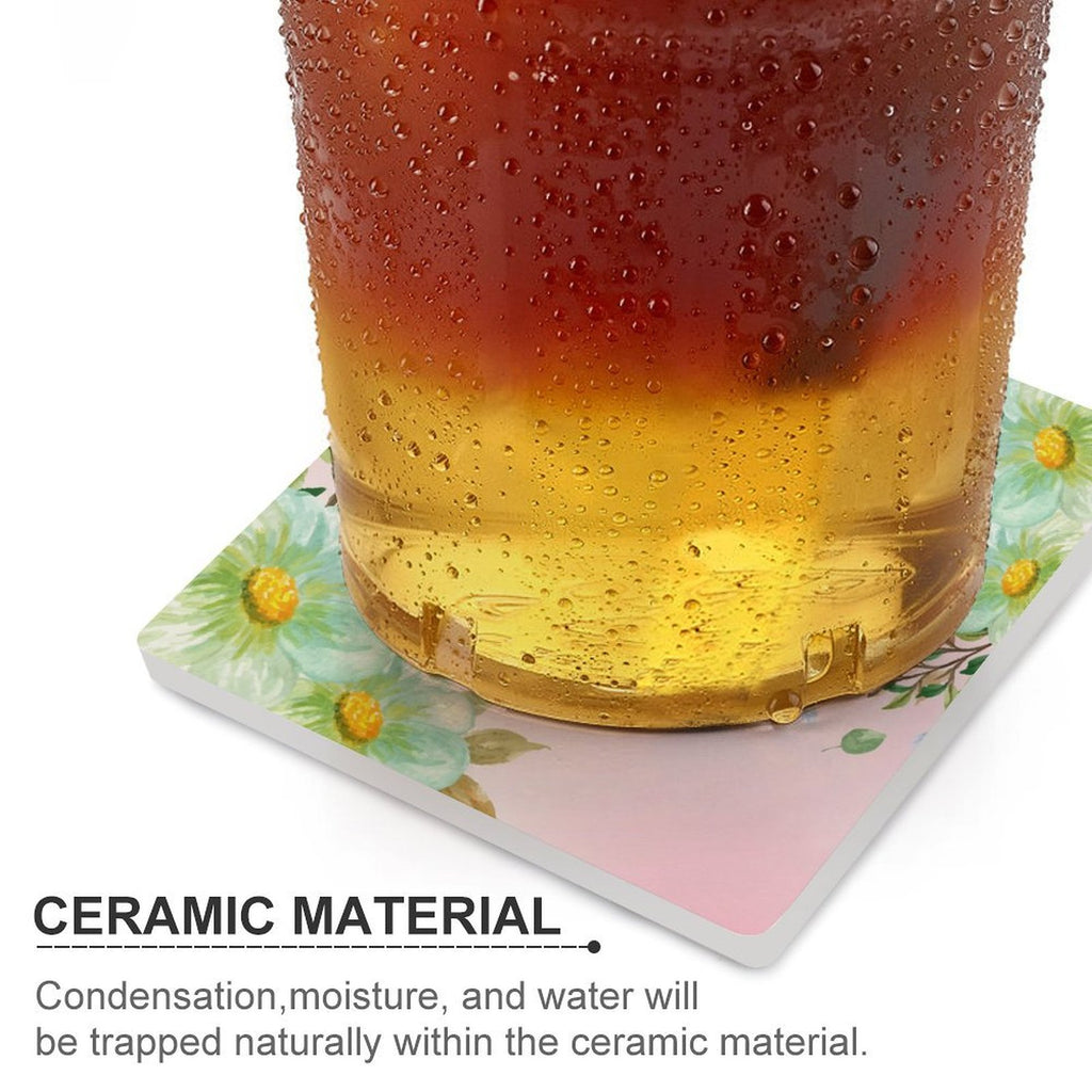 Pink With Flower Border - Ceramic Coasters (Square) Ceramic Coasters Plants Printed Offshore