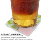 Pink With Flower Border - Ceramic Coasters (Square) Ceramic Coasters Plants Printed Offshore