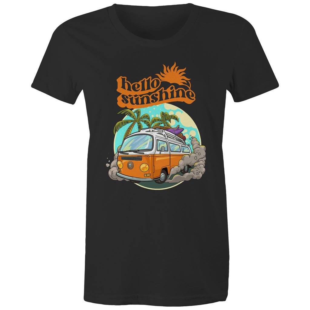 Hello Sunshine, Beach Van - Womens T-shirt Black Womens T-shirt Printed In Australia Summer Surf