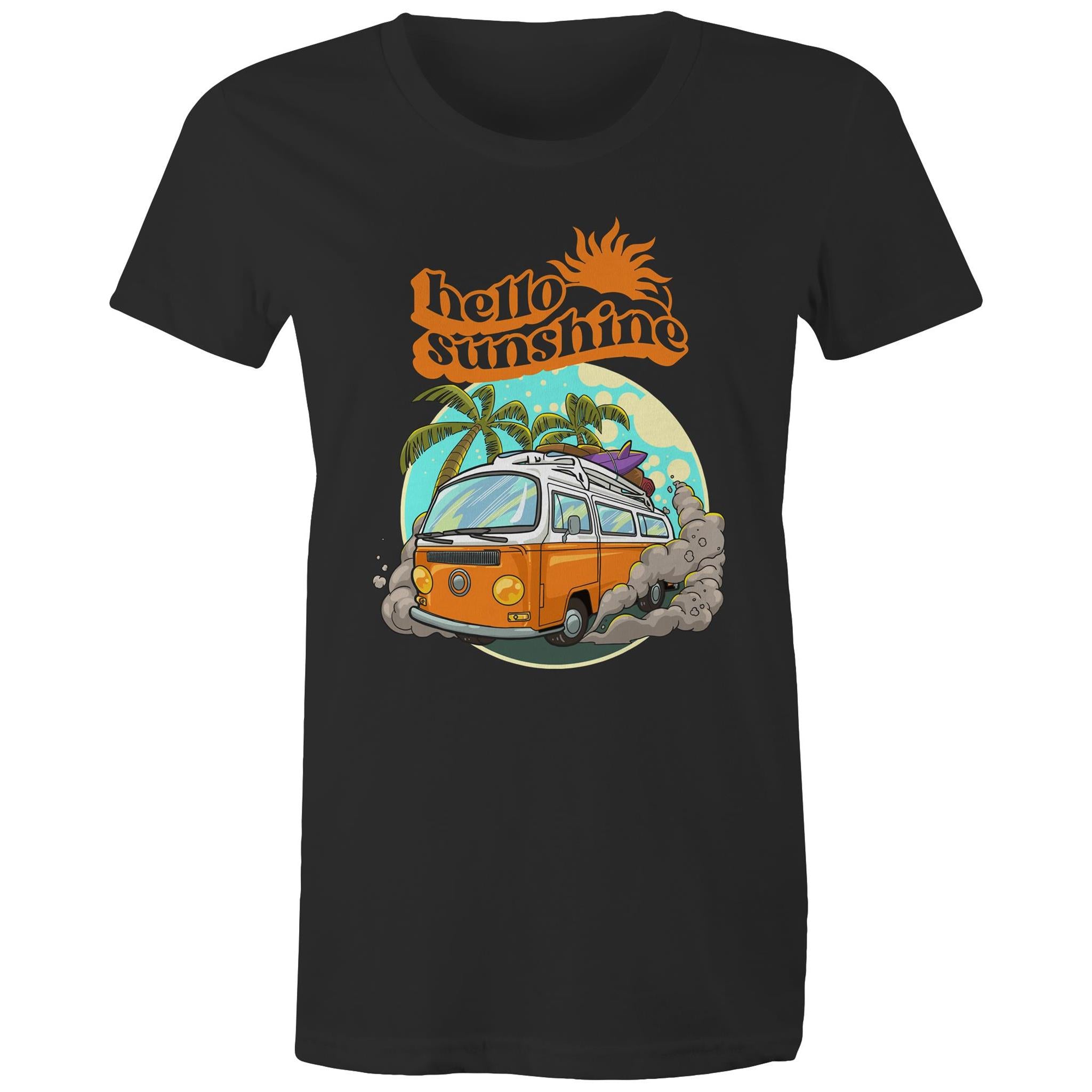 Hello Sunshine, Beach Van - Womens T-shirt Black Womens T-shirt Printed In Australia Summer Surf