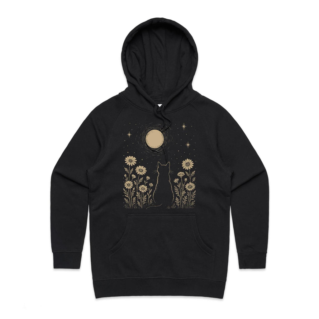 Whimsical Cat And Moon Women's AS Colour Hoodie Black Womens Hoodie animal Printed In Australia