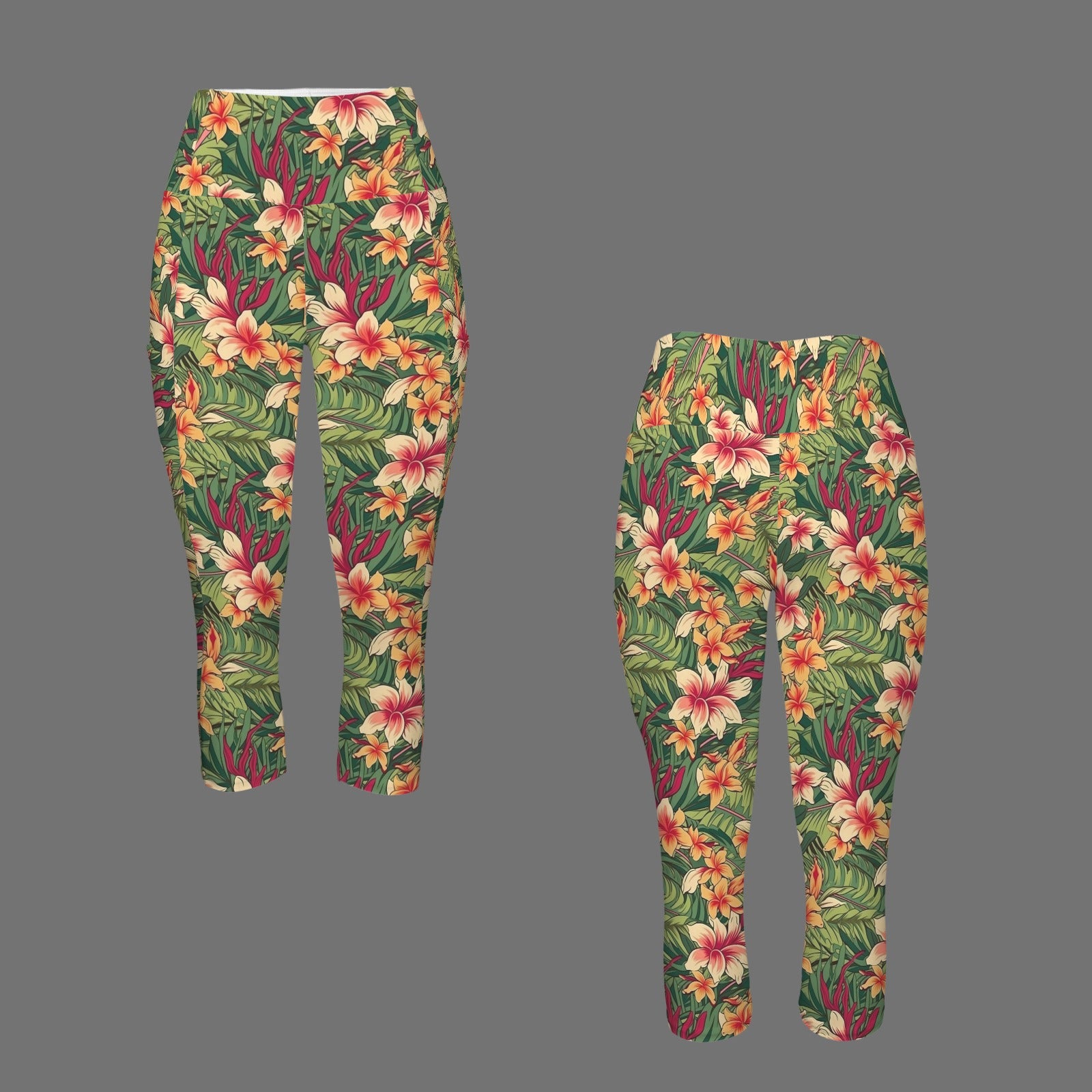 Vintage Hawaiian Floral Women's High Waist Pocket Capri Yoga Leggings Women's High Waist Capri Yoga Leggings Plants Printed Offshore