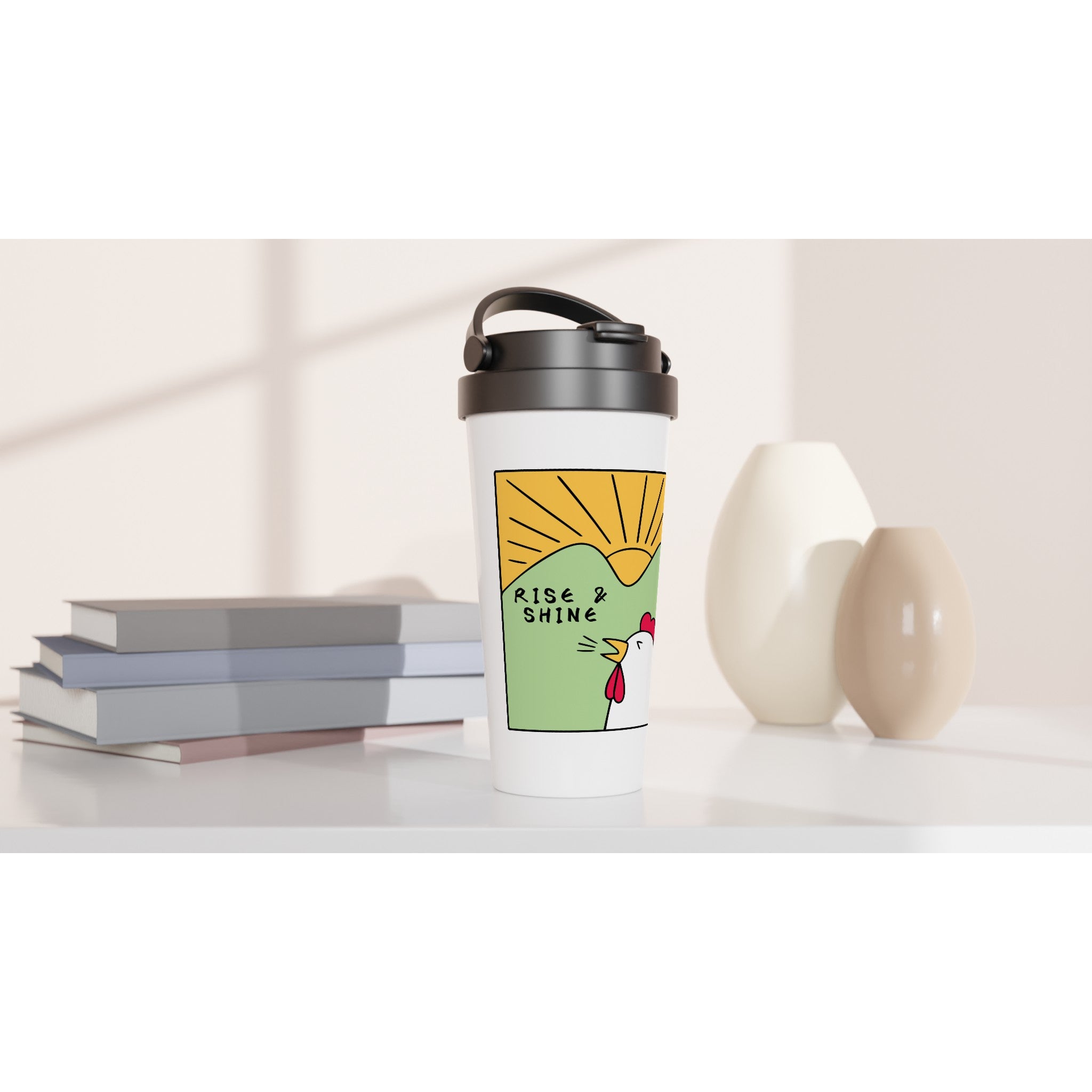 Rise And Shine, Rooster Morning - White 15oz Stainless Steel Travel Mug Travel Mug animal Globally Fulfilled