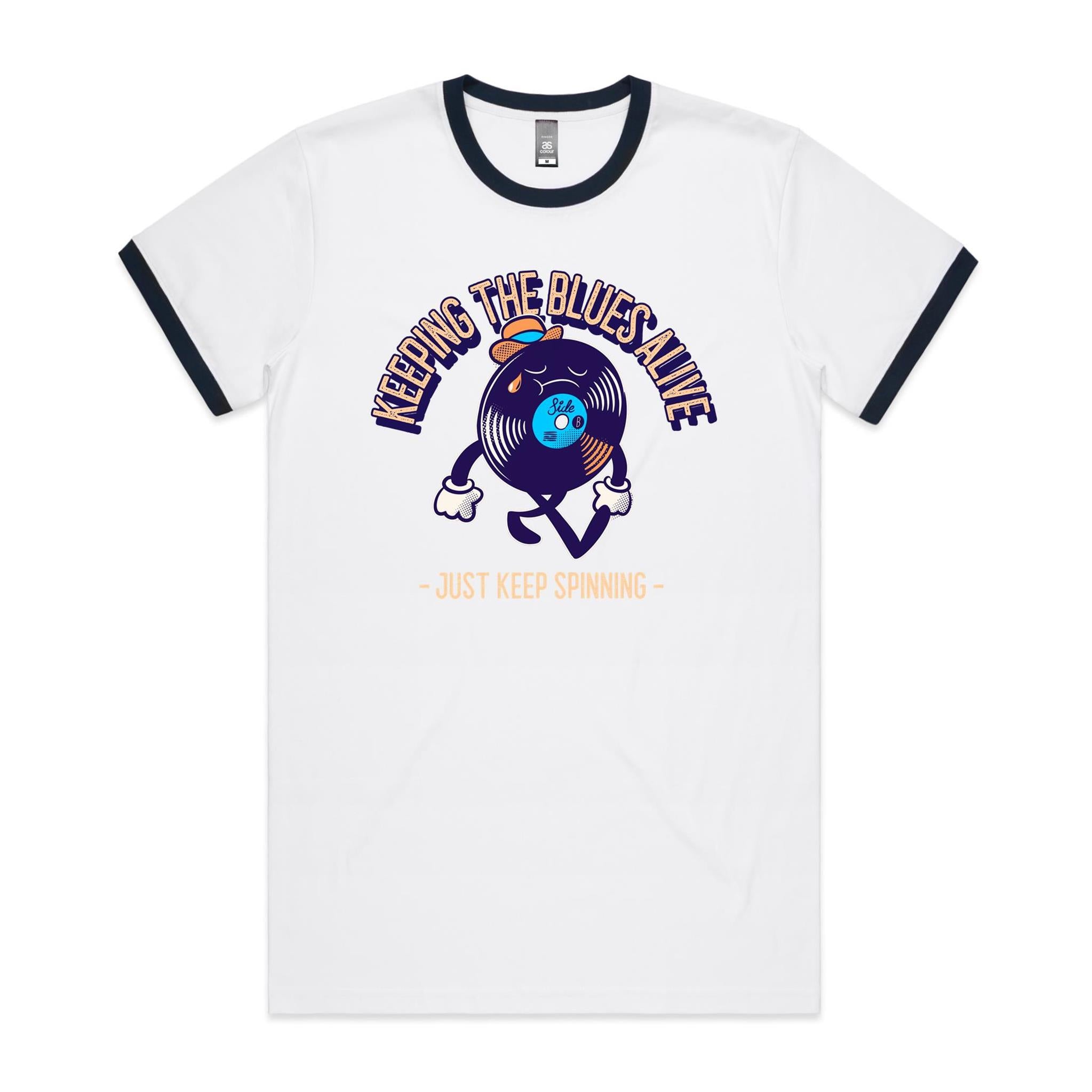 Keeping The Blues Alive - Staple Ringer Tee White Navy Ringer T-Shirt Music Printed In Australia