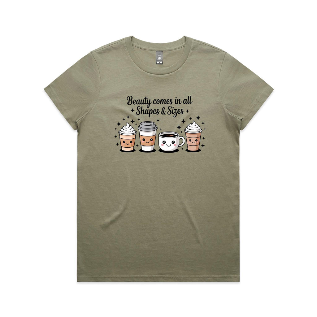 Coffee Beauty, All Shapes And Sizes Women's AS Colour T-shirt Eucalyptus Womens T-shirt Coffee Positivity Printed In Australia