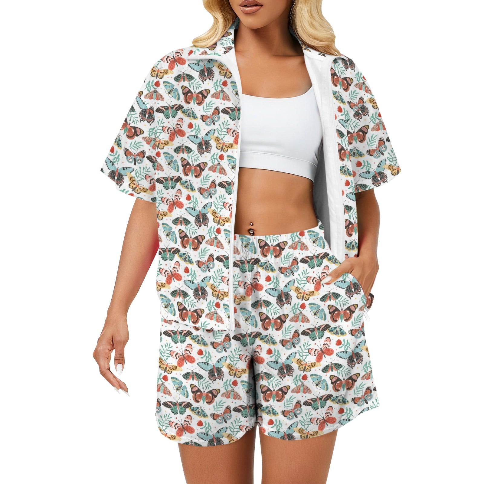 Pretty Moths And Butterflies Women's Windbreaker Short Set 2XL Women's Windbreaker Short Set animal Printed Offshore