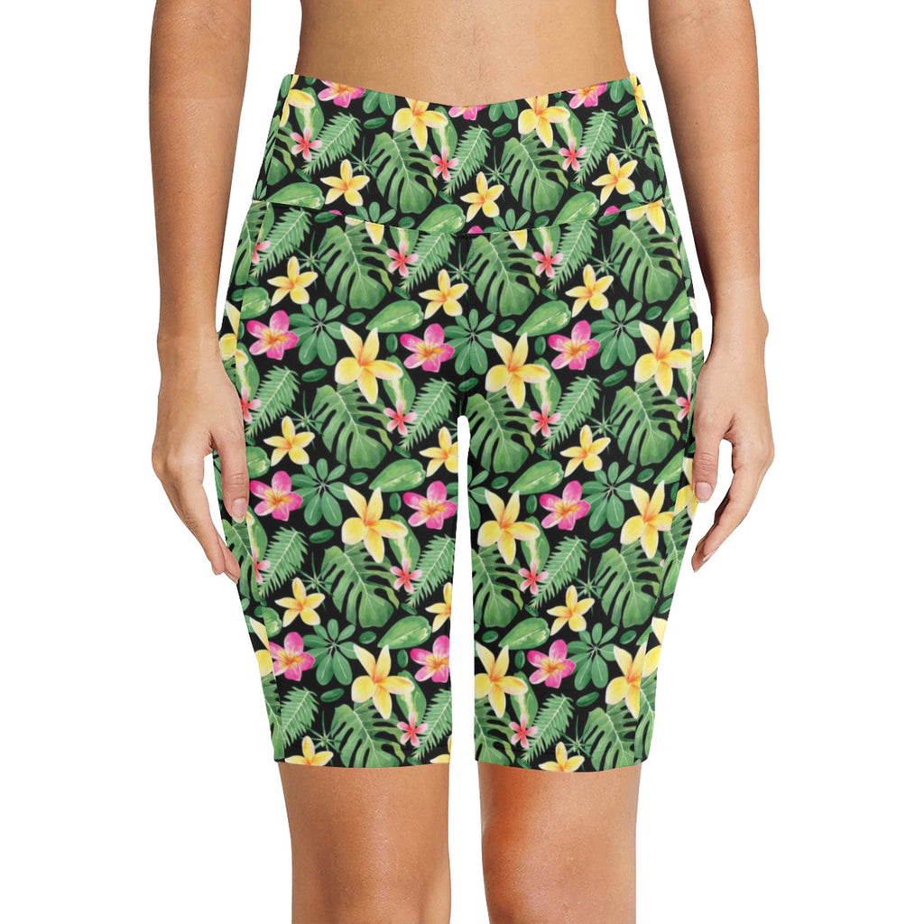 Frangipani Women's Bike Shorts With Side Pockets Women's Bike Shorts Plants Printed Offshore