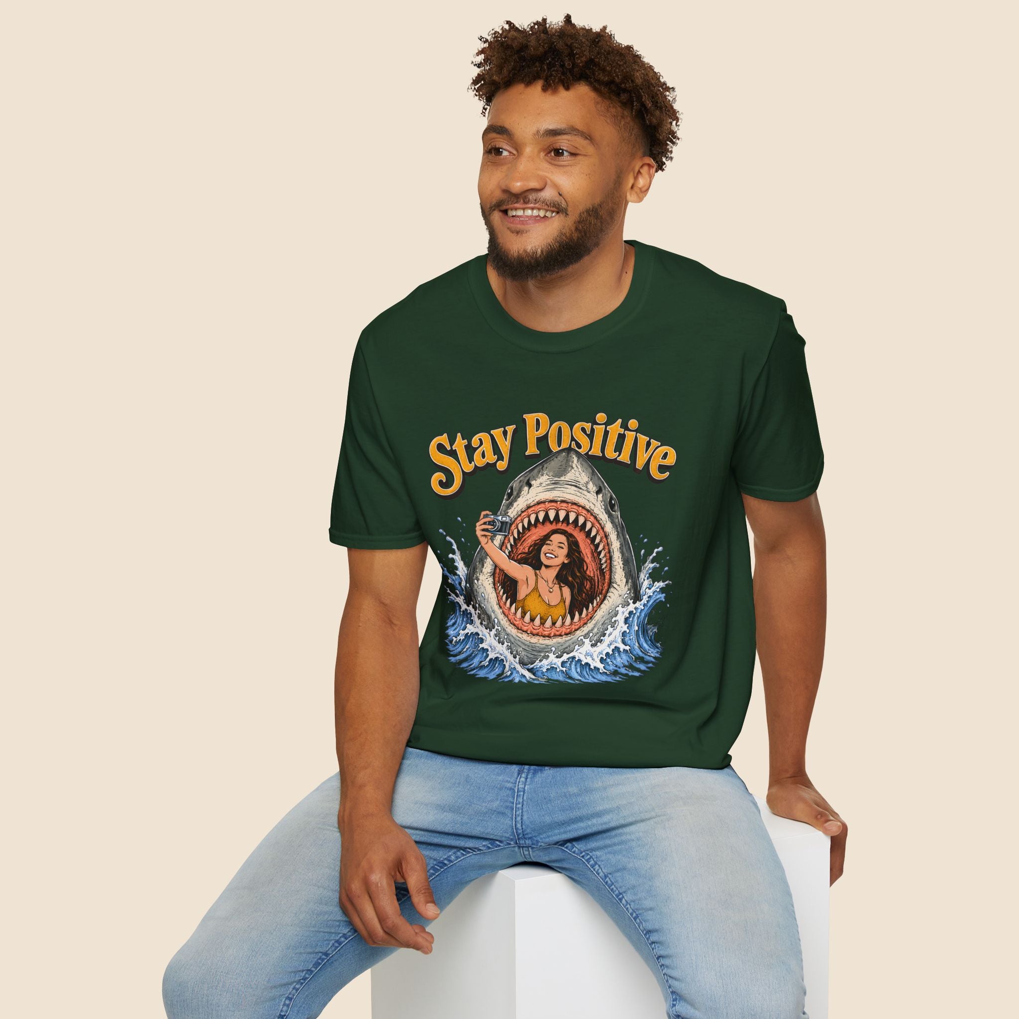 Stay Positive Shark Selfie Unisex T-Shirt Forest Green Unisex Adult T-shirt Globally Fulfilled Ocean Retro