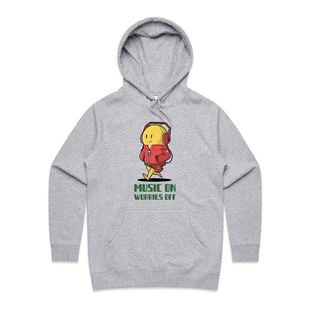 Music On, Worries Off - Womens Hoodie Grey Marle Womens Hoodie Music Printed In Australia
