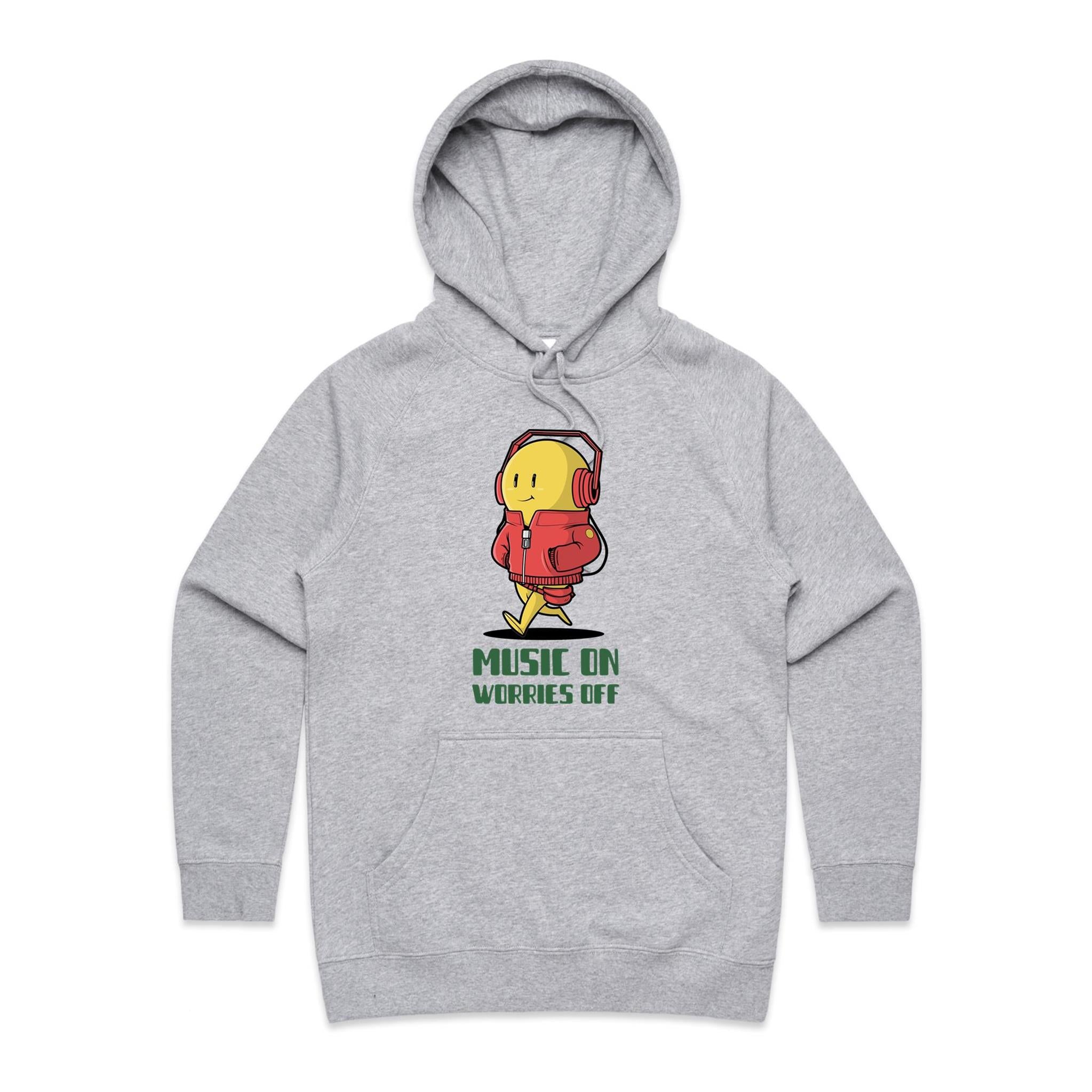 Music On, Worries Off - Womens Hoodie Grey Marle Womens Hoodie Music Printed In Australia
