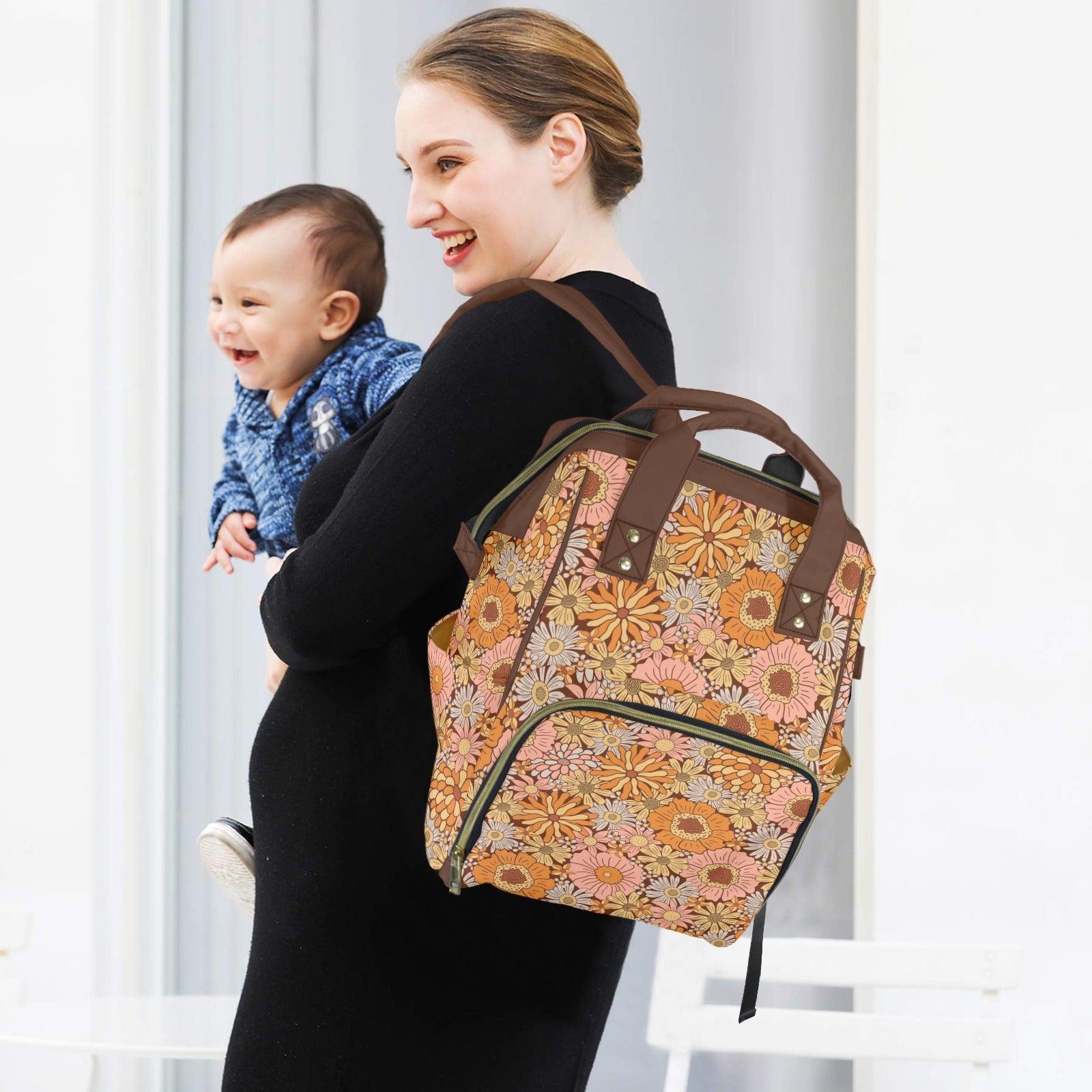 Orange Retro Floral Multi-Function Backpack, Nappy / Diaper Bag Multi-function Backpack, Nappy / Diaper Bag Plants Printed Offshore