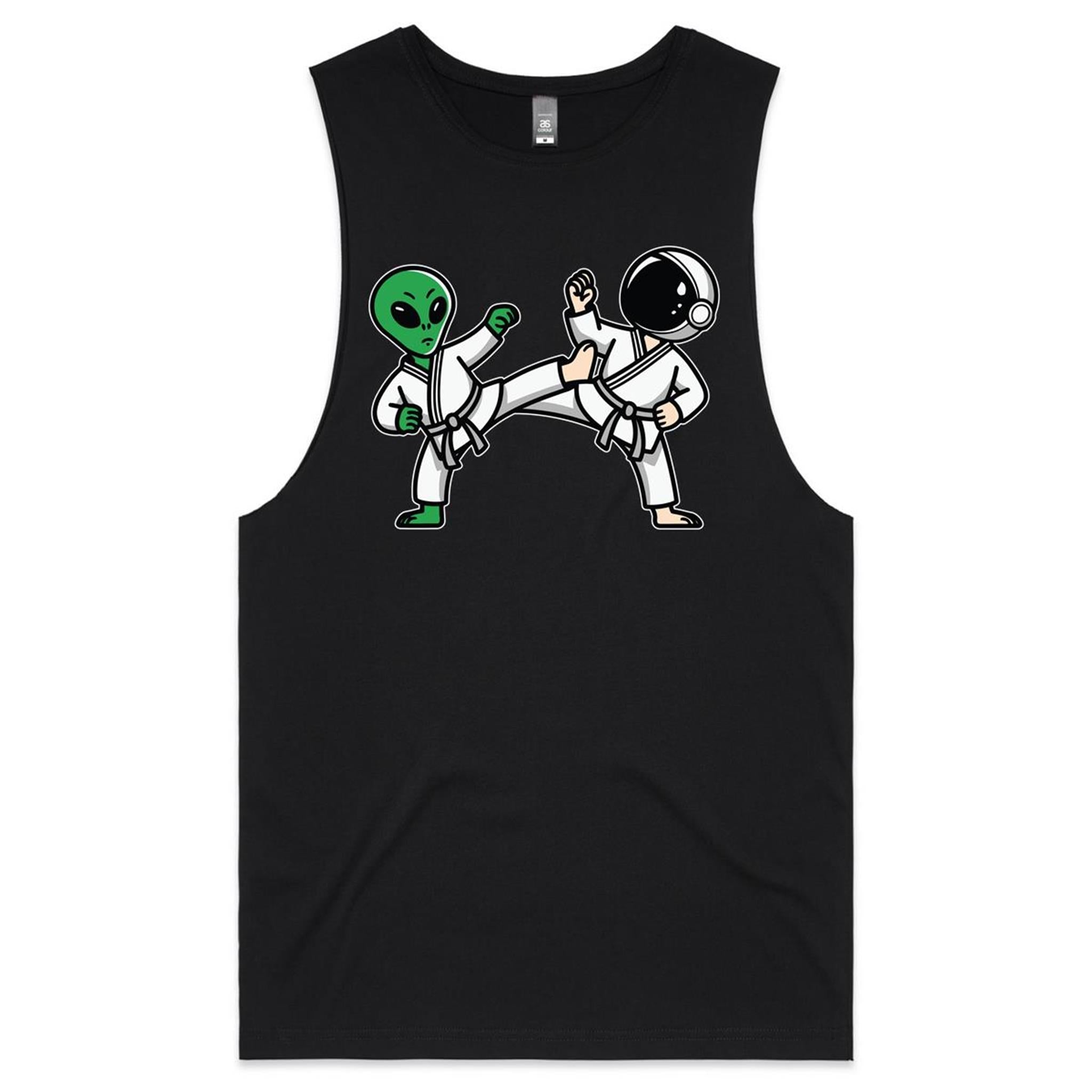 Alien And Astronaut Karate - Tank Top Tee Black Drop Arm Tank Top Fitness Printed In Australia