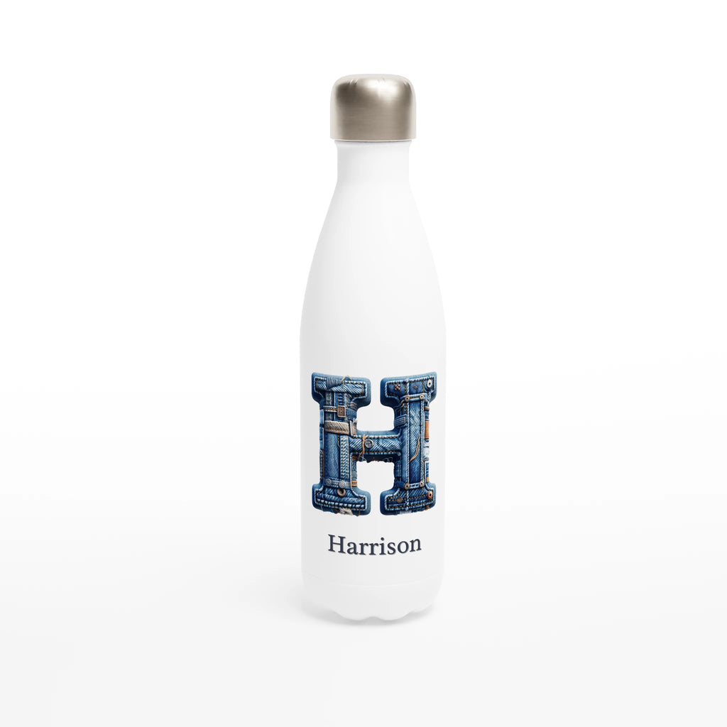Blue Denim Initial - White 17oz Stainless Steel Water Bottle Default Title Personalised Water Bottle customise Globally Fulfilled Initial Name personalise