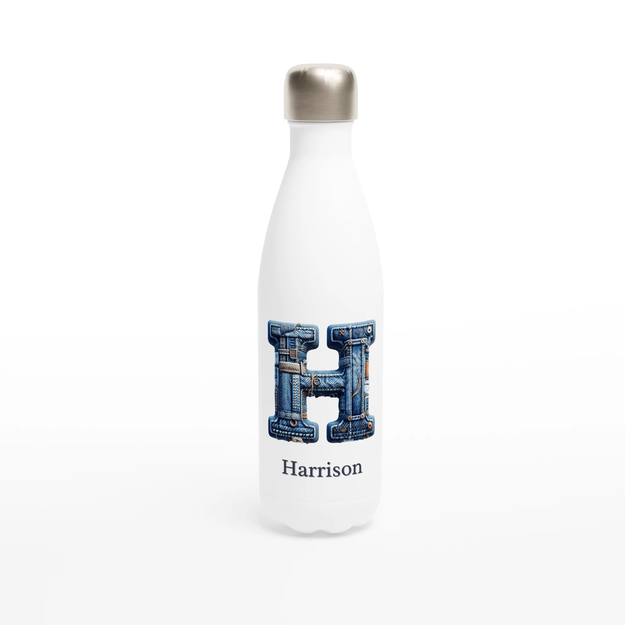 Blue Denim Initial - White 17oz Stainless Steel Water Bottle Default Title Personalised Water Bottle customise Globally Fulfilled Initial Name personalise