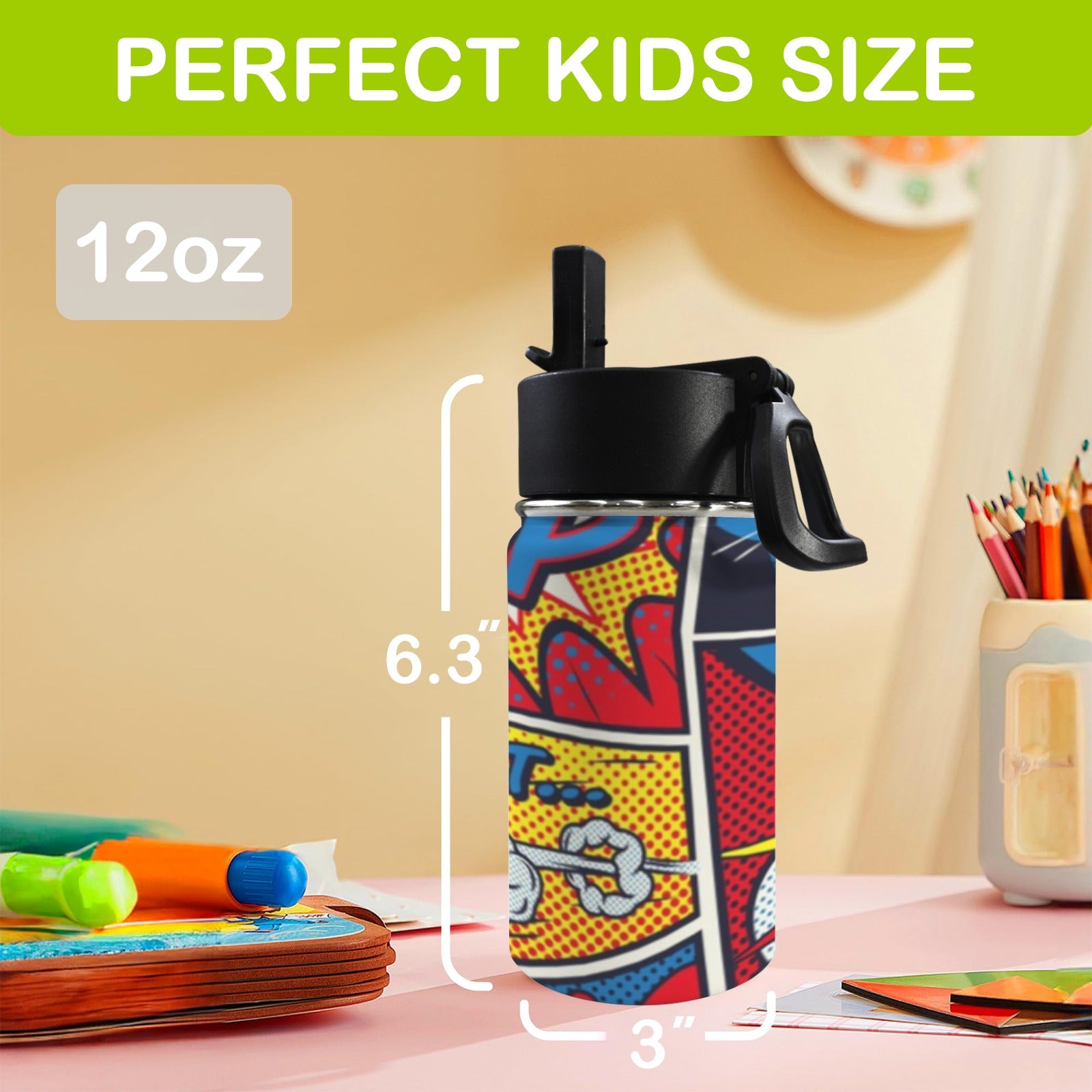 Comic Book 12oz Kids Water Bottle with Straw Lid