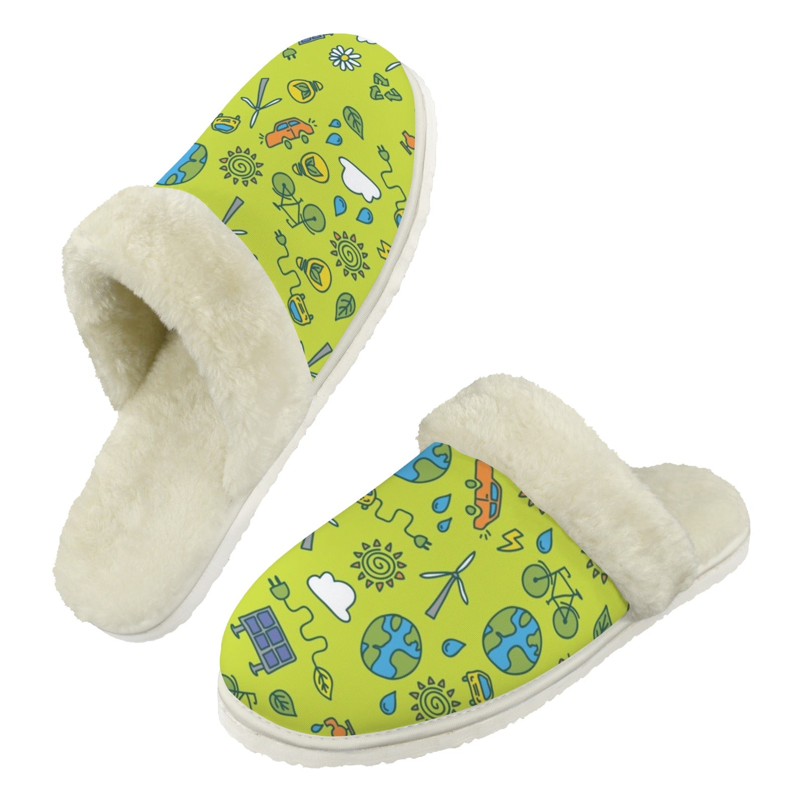 Go Green Men's Fur Trim Thick-Sole Indoor Slippers 2XL Men's Fur Trimmed Slippers Environment Printed Offshore