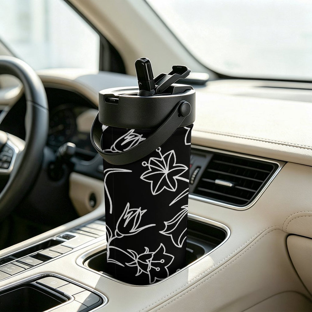 Black And White Floral 20oz Tea Tumbler with Carry Handle