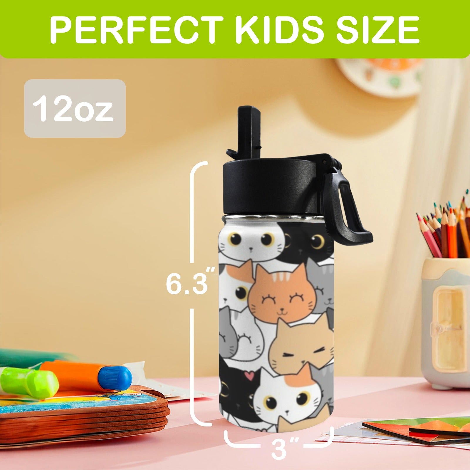 Cute Cartoon Cats 12oz Kids Water Bottle with Straw Lid