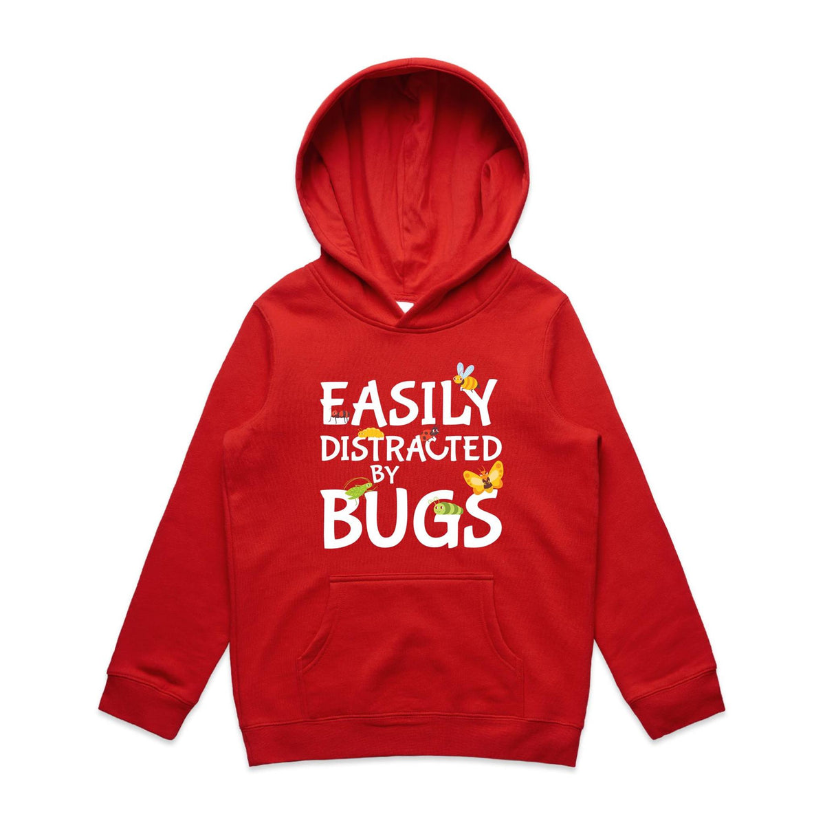 Easily Distracted By Bugs Kids AS Colour Hoodie Red Kids Hoodie Printed In Australia