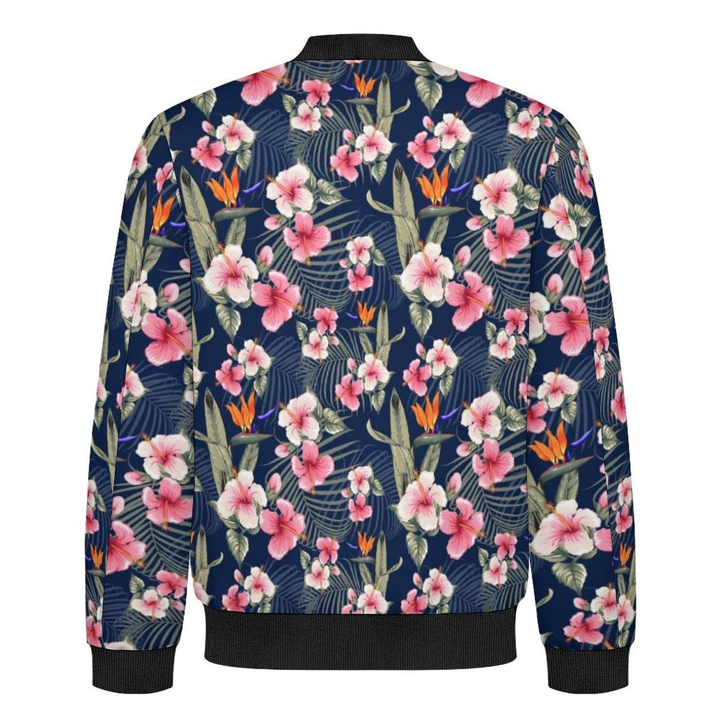 Dark Hawaiian Floral Men's Casual Zip‑Up Bomber Jacket