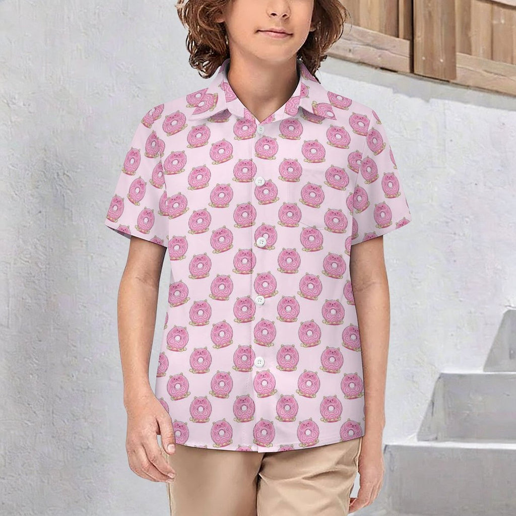 Pink Cat Doughnuts Kids Youth Short Sleeve Button Up Shirt