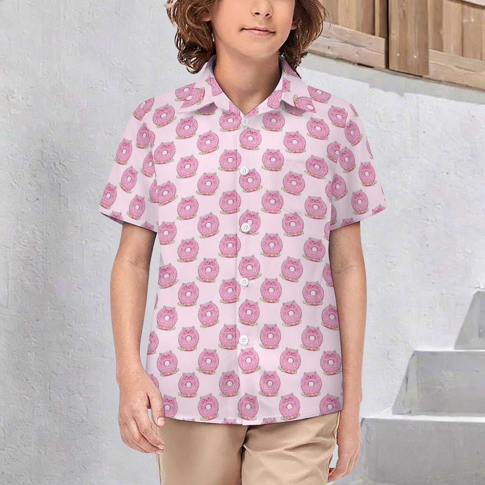 Pink Cat Doughnuts Kids Youth Short Sleeve Button Up Shirt