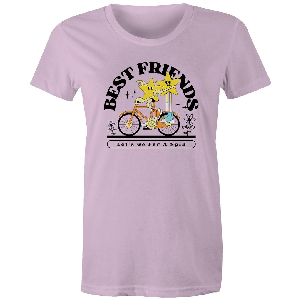 Best Friends, Riding A Bike - Womens T-shirt Lavender Womens T-shirt Printed In Australia Retro