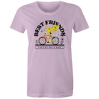 Best Friends, Riding A Bike - Womens T-shirt Lavender Womens T-shirt Printed In Australia Retro